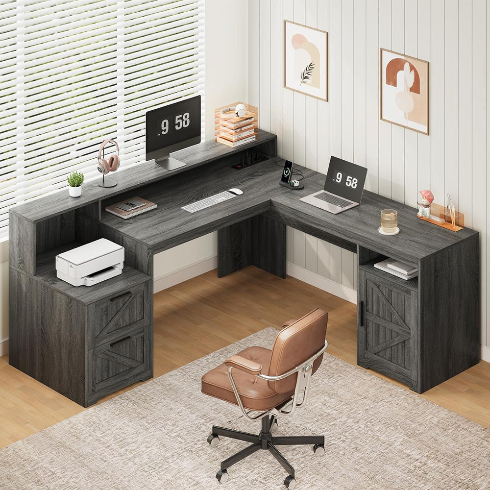 63" Farmhouse L Shaped Desk with Drawers & Printer Shelf for Home Of...