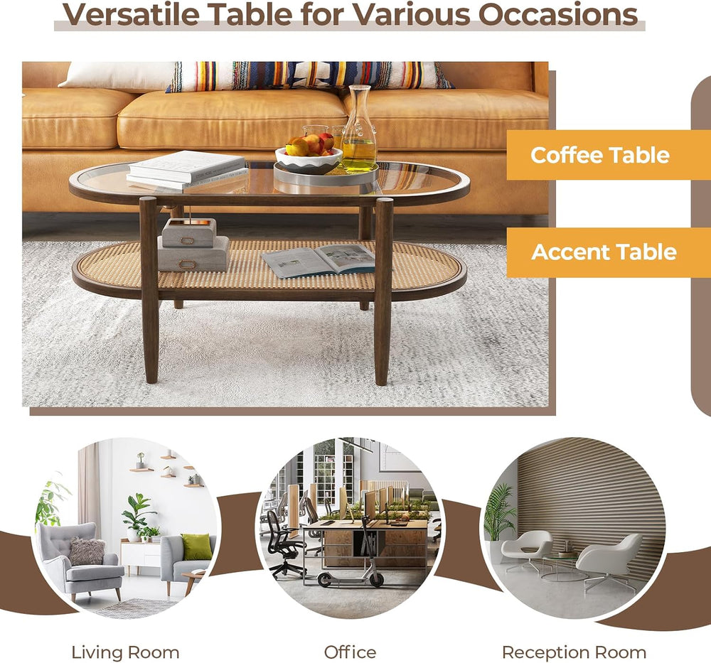 KOTEK Oval 2-Tier Rattan Coffee Table with Curved Wood Frame (Brown)