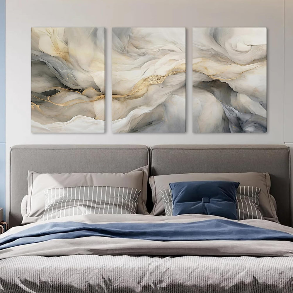 EJPFOGV Triptych Grey White Gold Wrapped Canvas Wall Art 16x24 inches x3