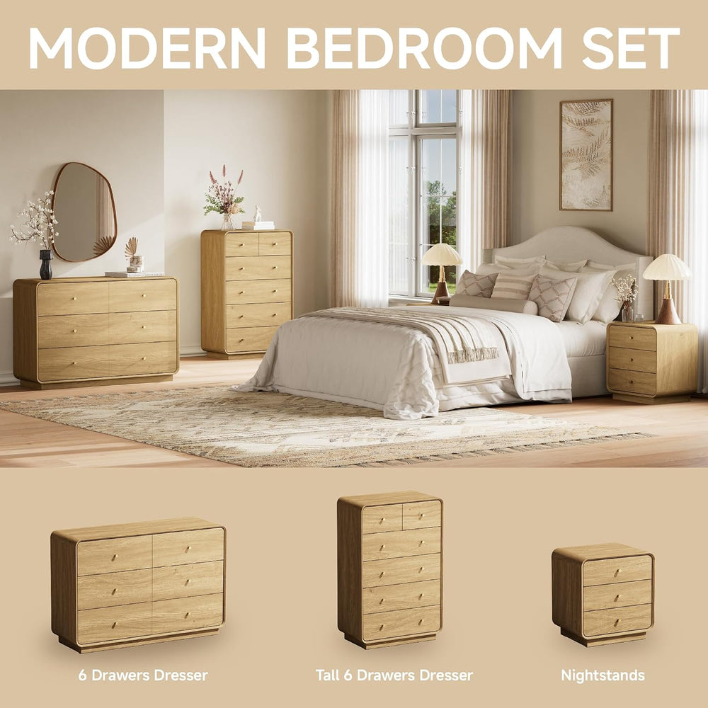 4 Pieces Bedroom Set, 6-Drawer Dresser & 3-Drawer Nightstands Set of 2 wi...
