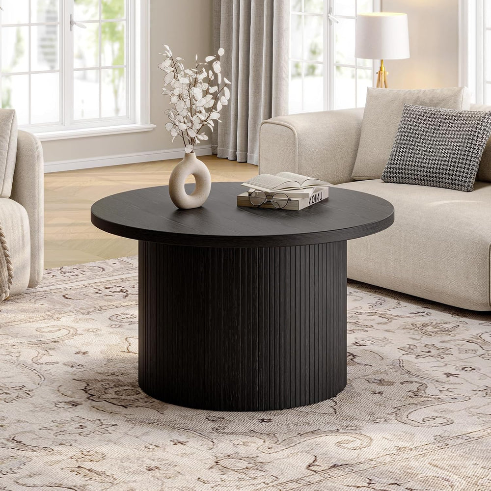 ONBRILL 31.5" Round Coffee Table, Tambour Design, Black