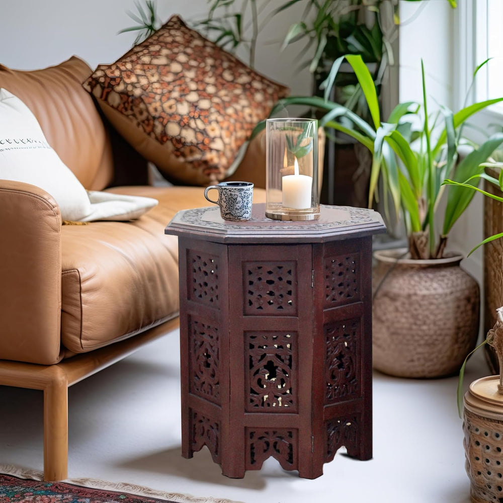 COTTON CRAFT Solid Wood End Table - Hand Carved Folding Accent Side Table