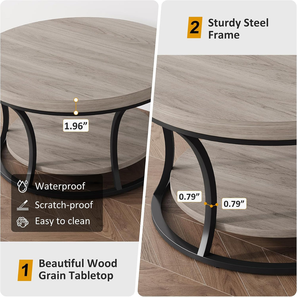 Round Coffee Table with Storage, Gray Brown/Black