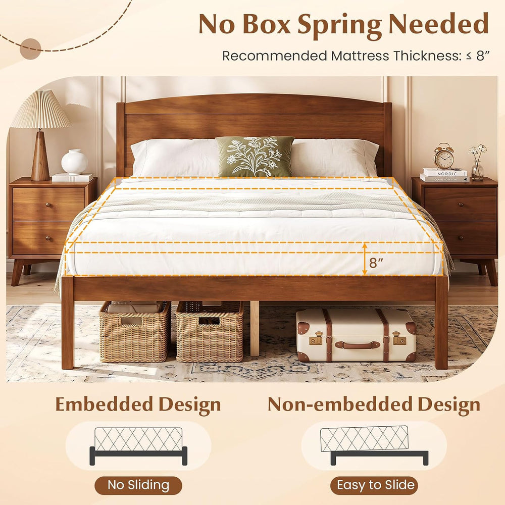 GIANTEX Full Size Wooden Bed Frame with Curved Headboard, Wood Slat Support