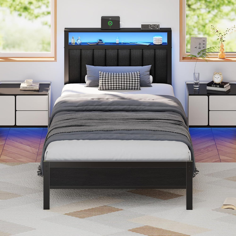 Furnulem Twin Size Bed Frame with Charging Station and LED Lights