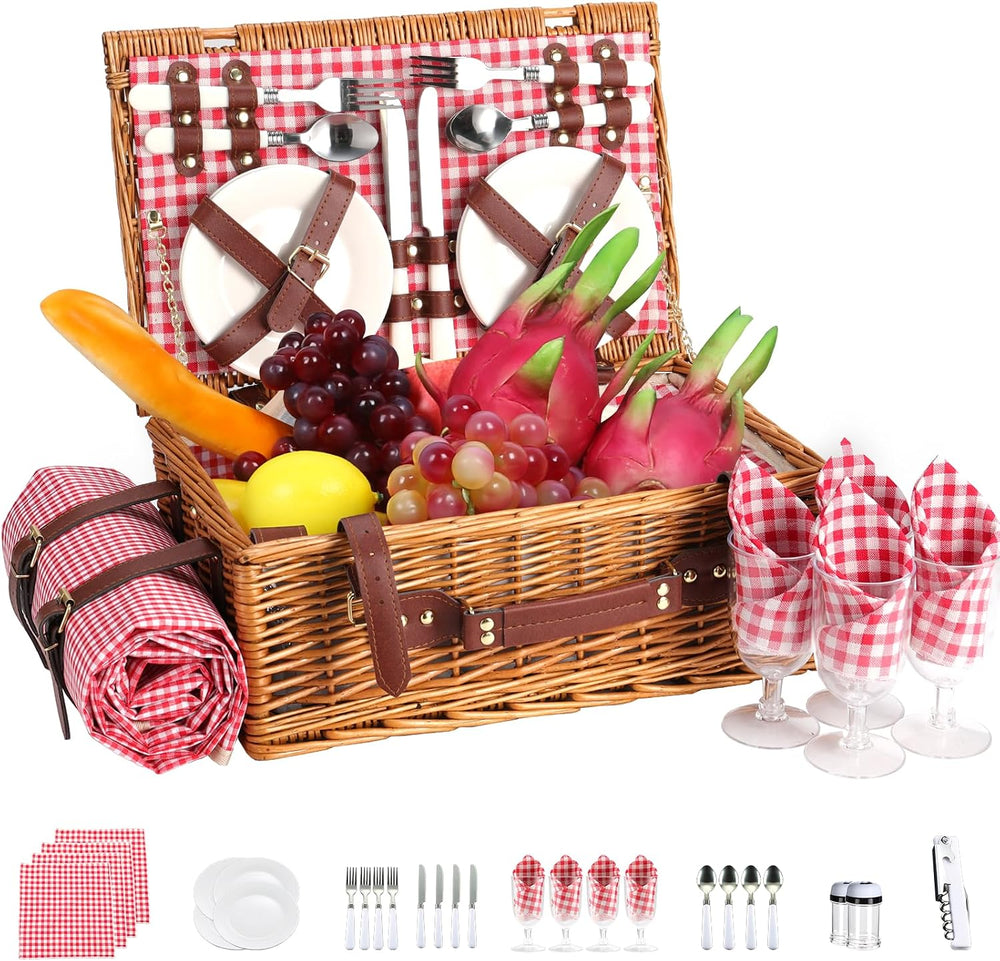Neti Neti Wicker Picnic Basket for 4, Insulated Set with Blanket