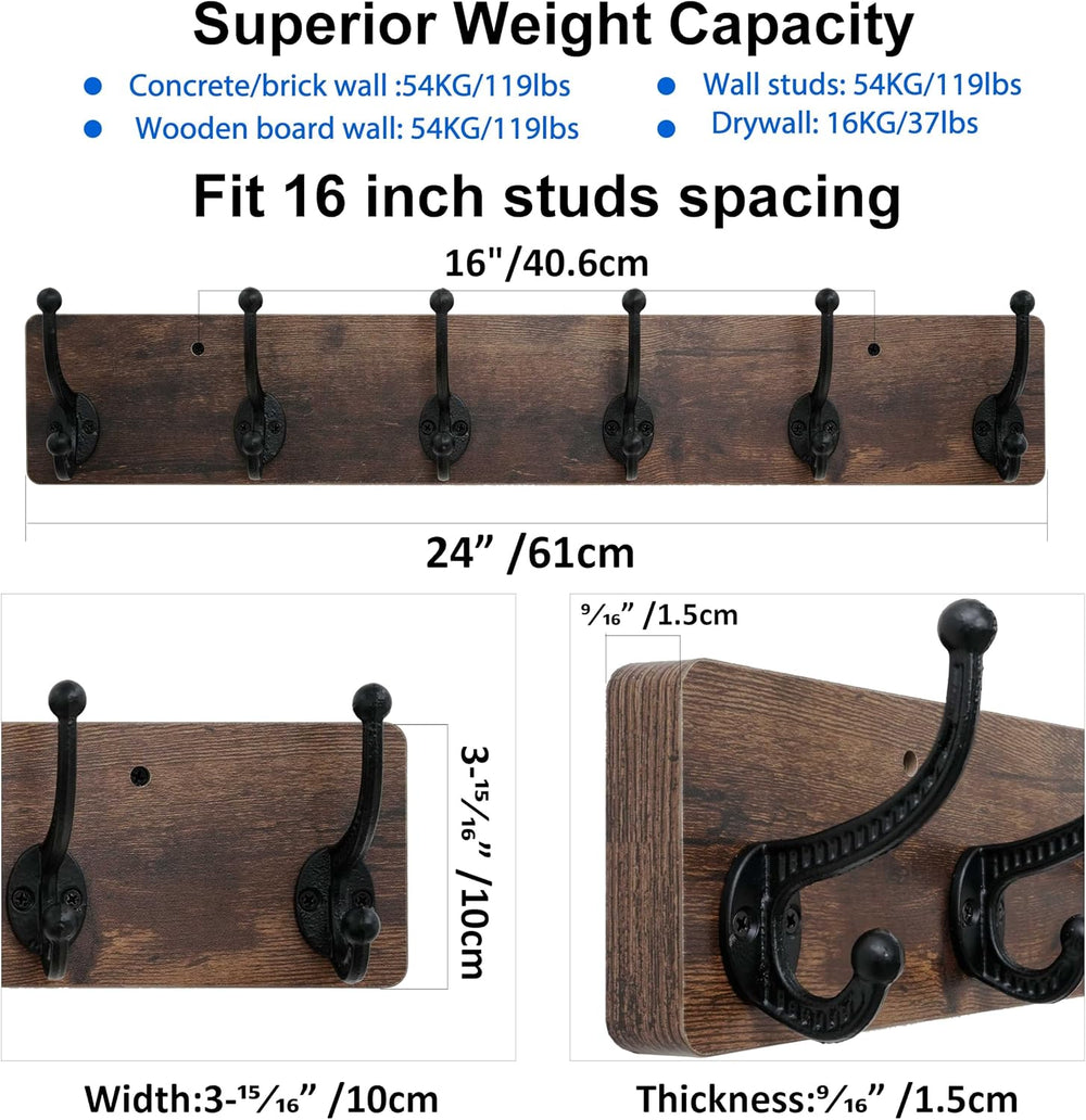 WEBI Rustic Coat Rack Wall Mount,24" Long 6 Cast Iron Coat Hooks Wall Mo...
