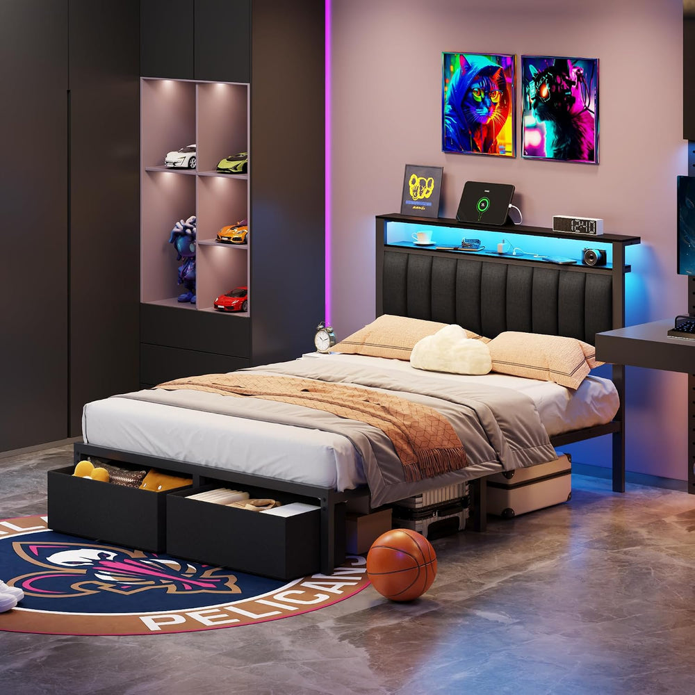 Furnulem Full Size Bed Frame with Storage Drawers and Upholstered Headboard