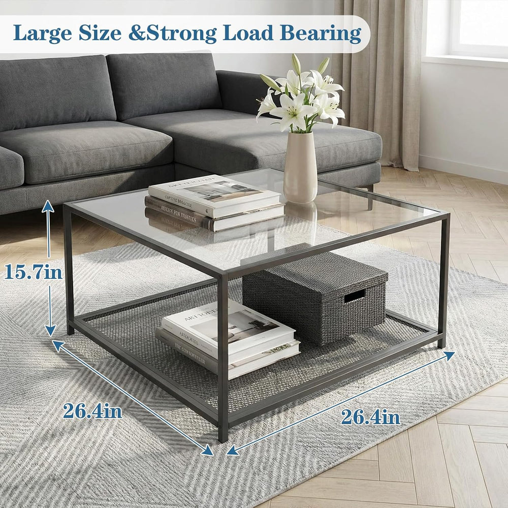 Black Glass Coffee Table, Square Coffee Tables with Storage Shelf, Simple Tea...