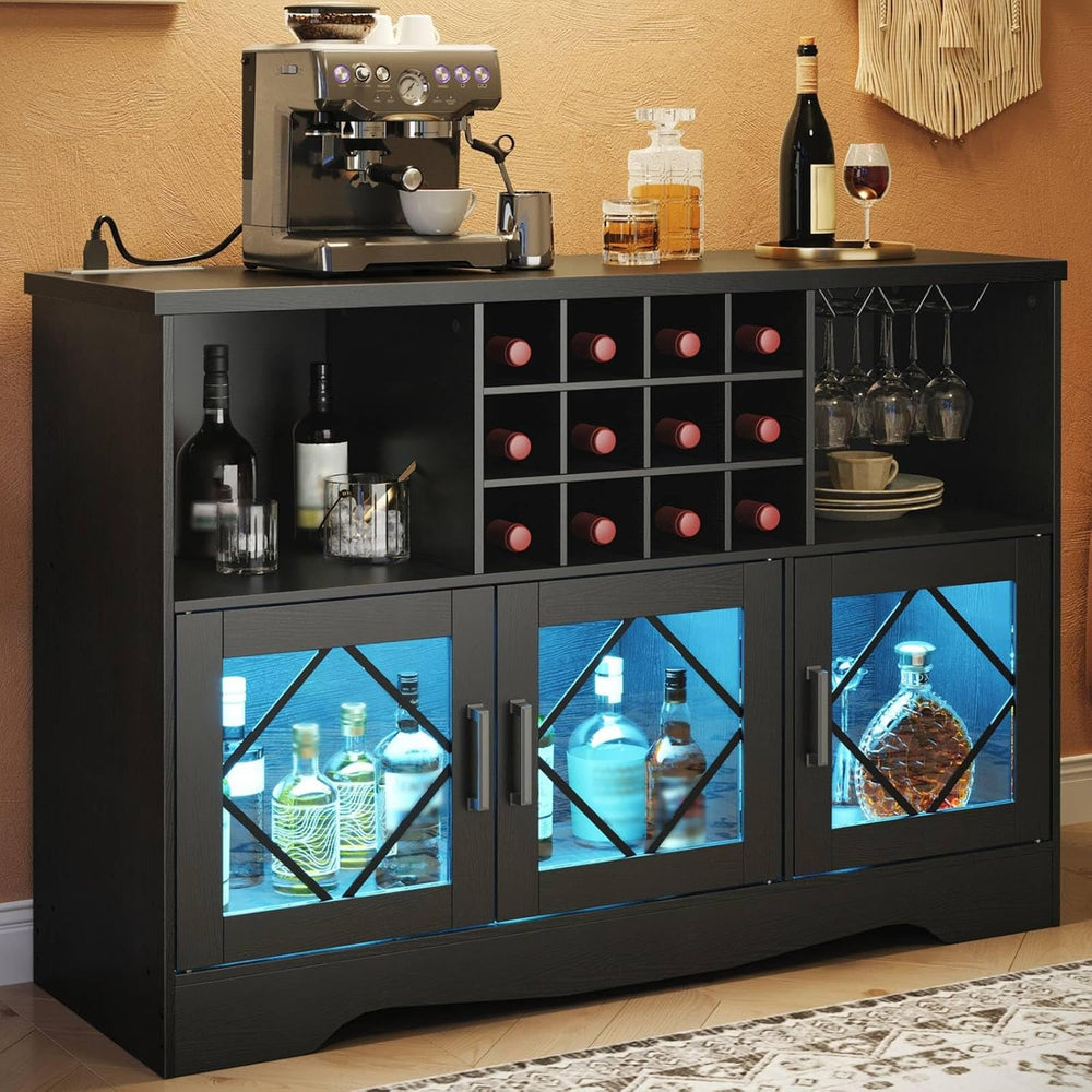 HOOBRO Bar Cabinet with Power Outlet, Modern Liquor Cabinet with Wine Rack &a...