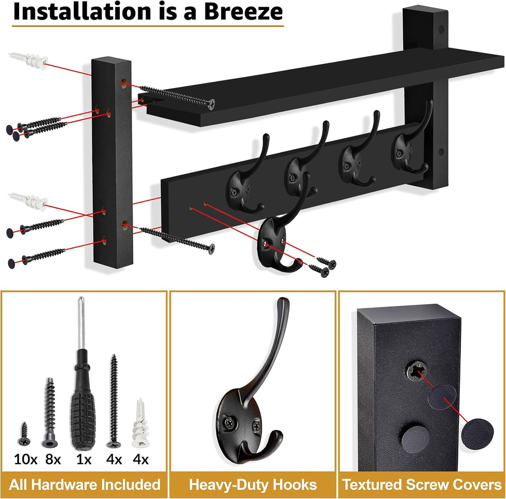 Sorbus Coat Rack Wall Mount with Shelf (Black, 24 Inch)