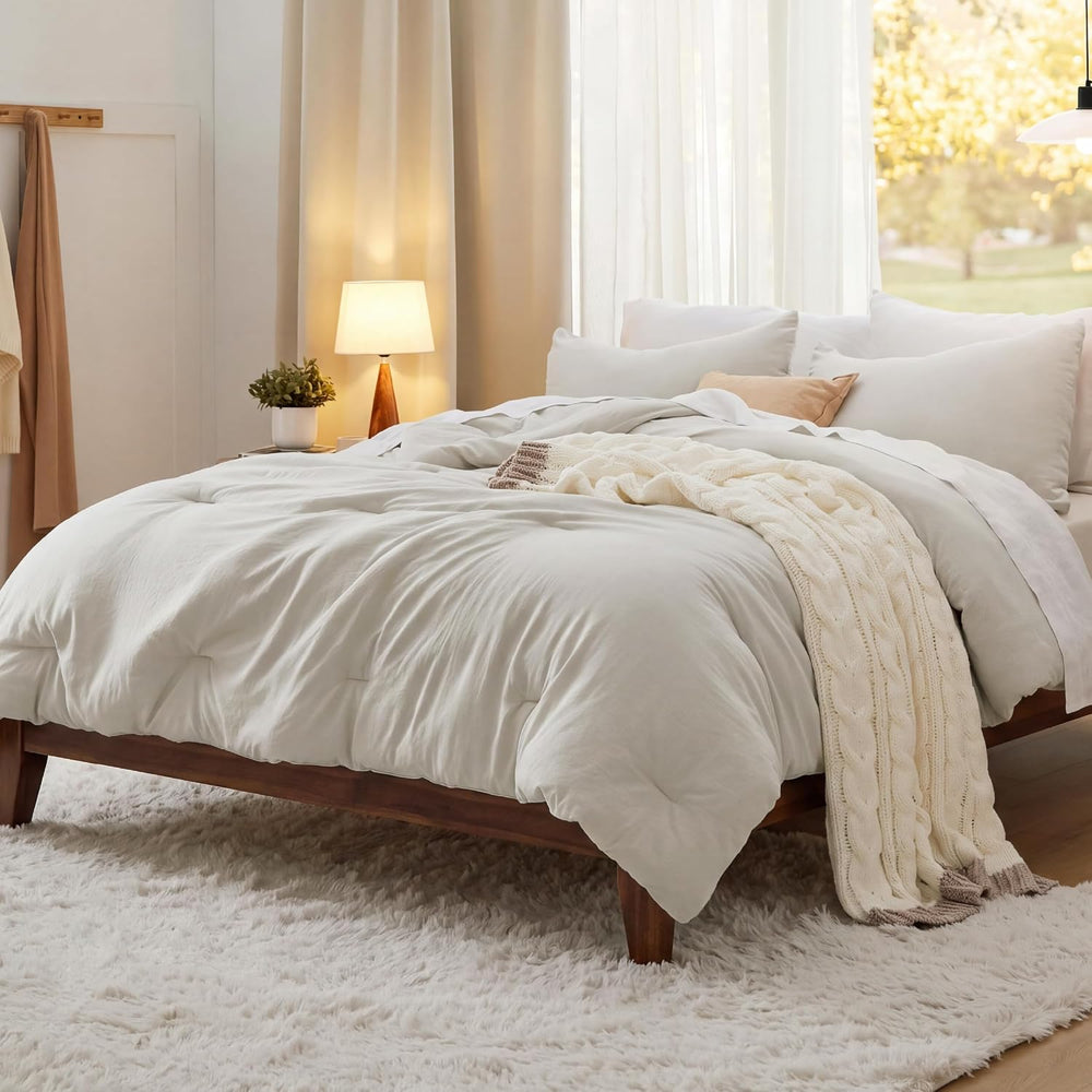 Bedsure Queen Comforter Set Prewashed Soft Bedding Set 3Pcs Beige 90"x90...