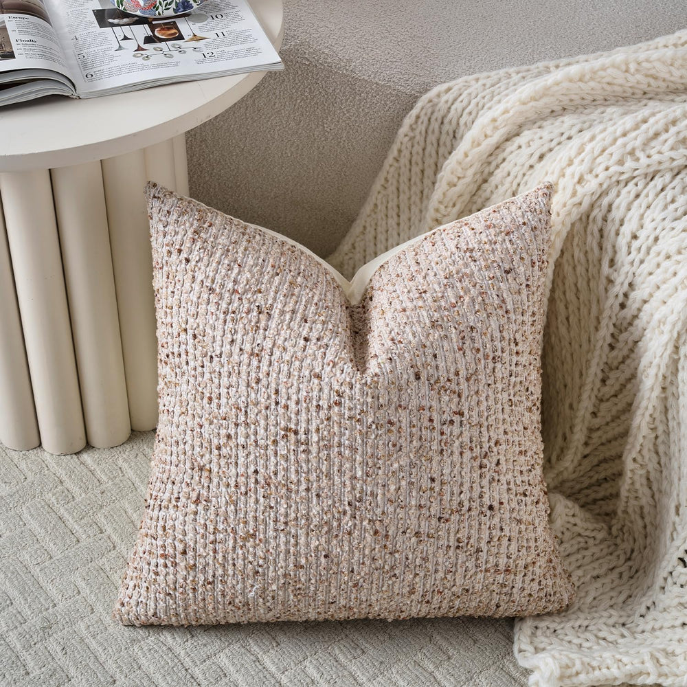 DEZENE Striped Throw Pillow Covers 20x20 Set of 2 Beige Textured Boucle Chic ...