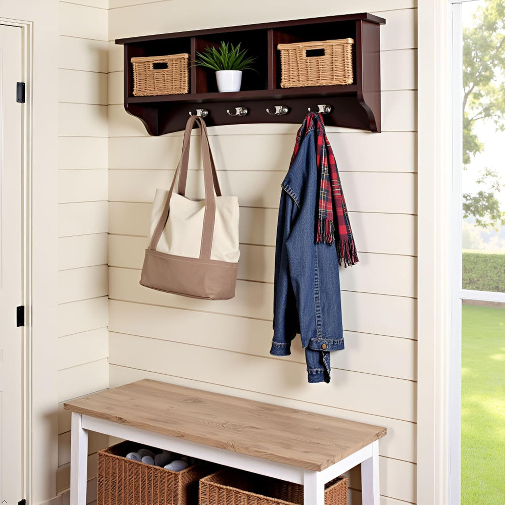 Alaterre Shaker Cottage Wall-Mounted Coat Rack with Cubbies, Espresso, 36”