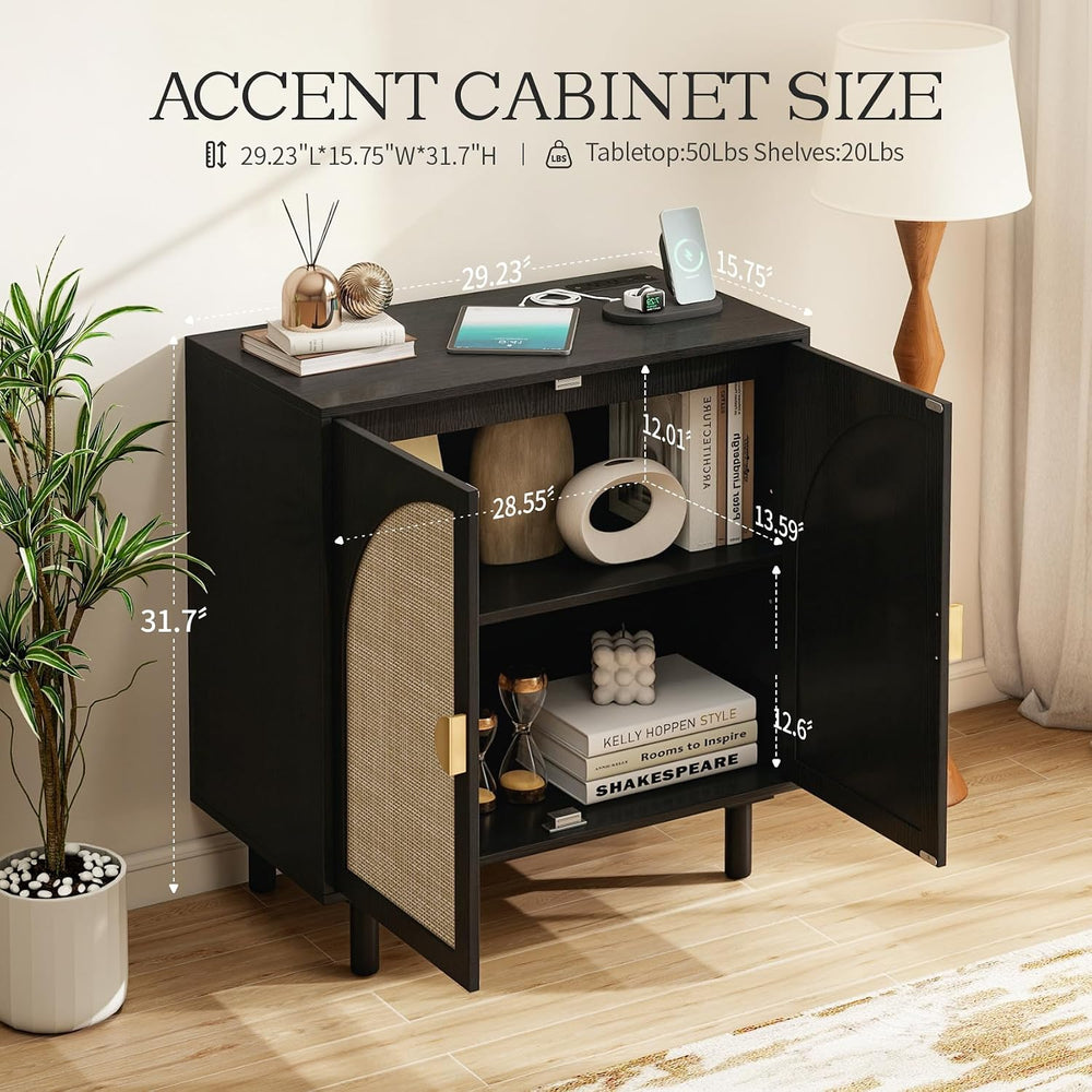 Black Minimalist 2-Door Sideboard with Woven Textured Panels, Black Storage C...