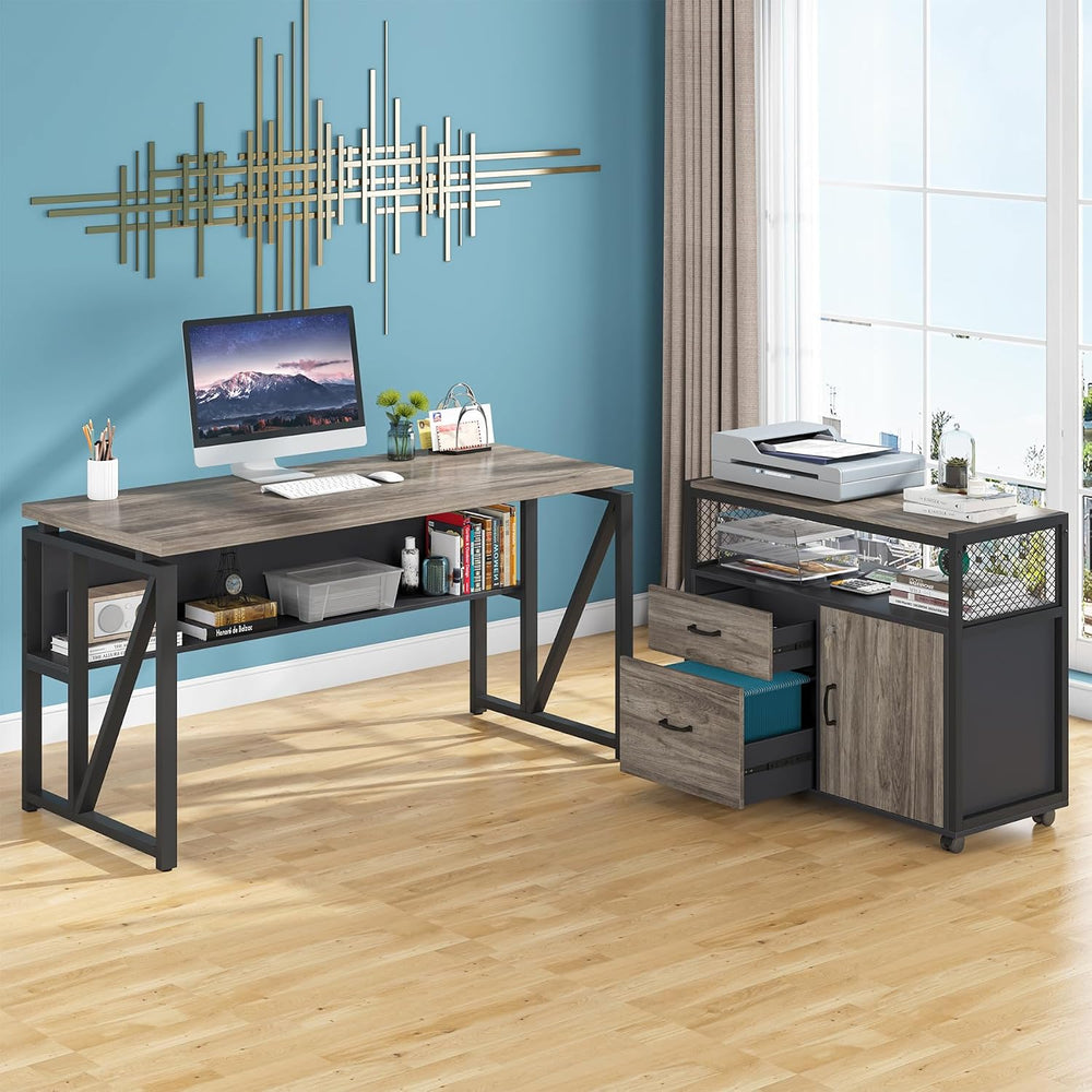 Tribesigns Grey Executive Desk with Cabinet, 55" L Shaped Computer Desk ...
