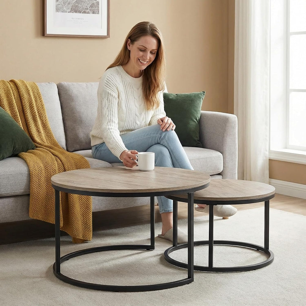 31.5" Round Nesting Coffee Table, Grey Wash Oak Finish