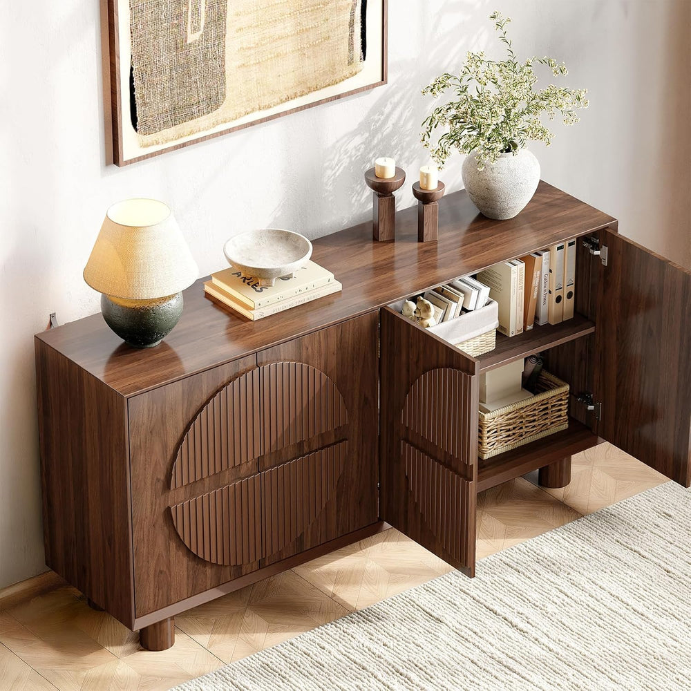 ONBRILL 63 Inch Fluted Buffet Cabinet w/Storage, Push-Spring Doors, Walnut