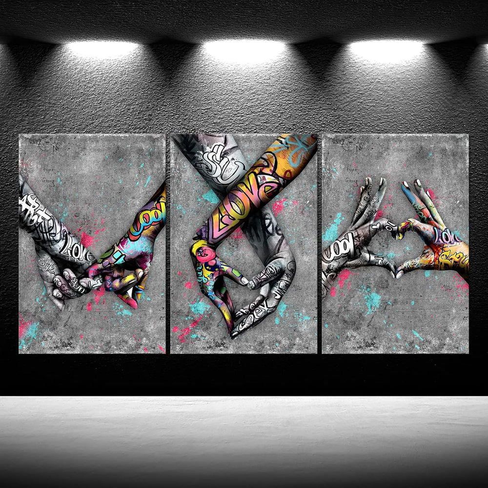 Canvas Set of 3 Street Art Gesture Heart Graffiti Art Canvas Oil Painting Lov...