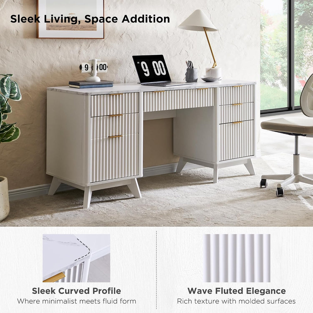 T4TREAM 60" Modern Fluted Executive Desk with Drawers, White