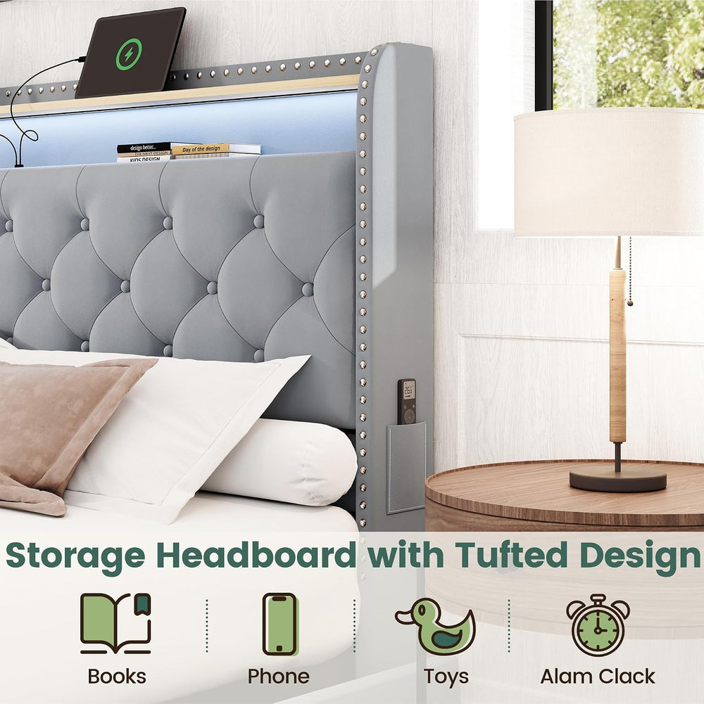 LARMACE King Bed Frame with 4 Storage Drawers, LED & Charging Station