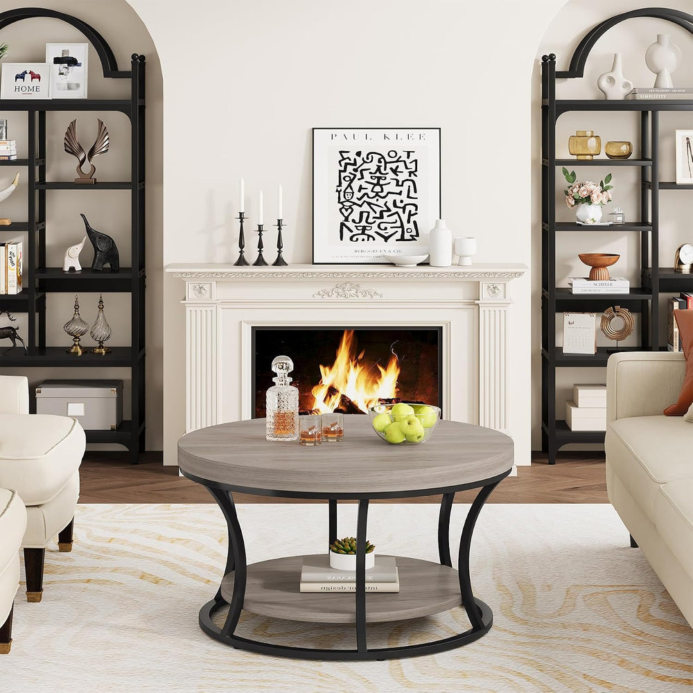 Round Coffee Table with Storage, Gray Brown/Black