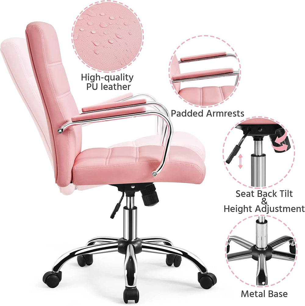 Yaheetech Pink Office Executive Chair PU Leather Swivel Rocking Desk Seat