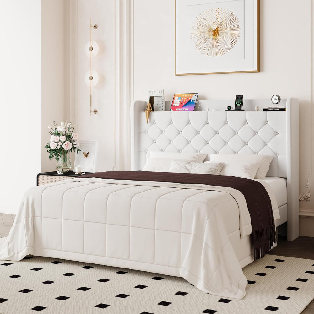 Allewie Queen Bed Frame, Storage Headboard & Charging Station, White