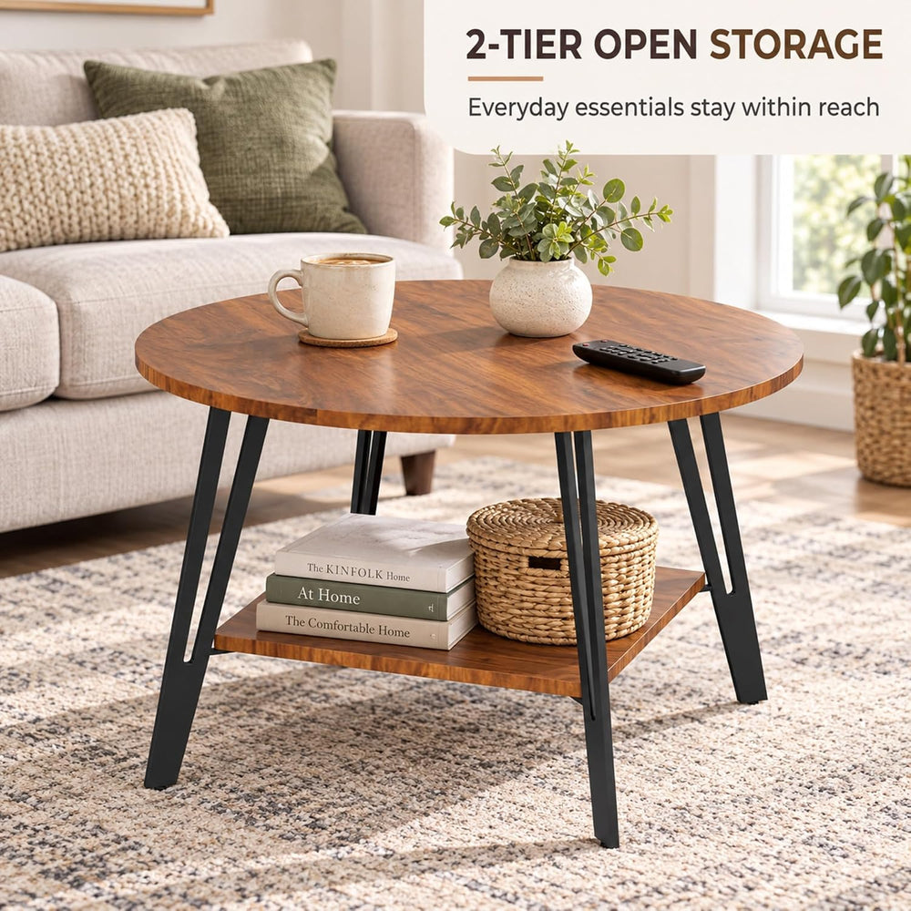 Manora 28" Round Coffee Table for Living Room, Storage Shelf, Rustic Brown