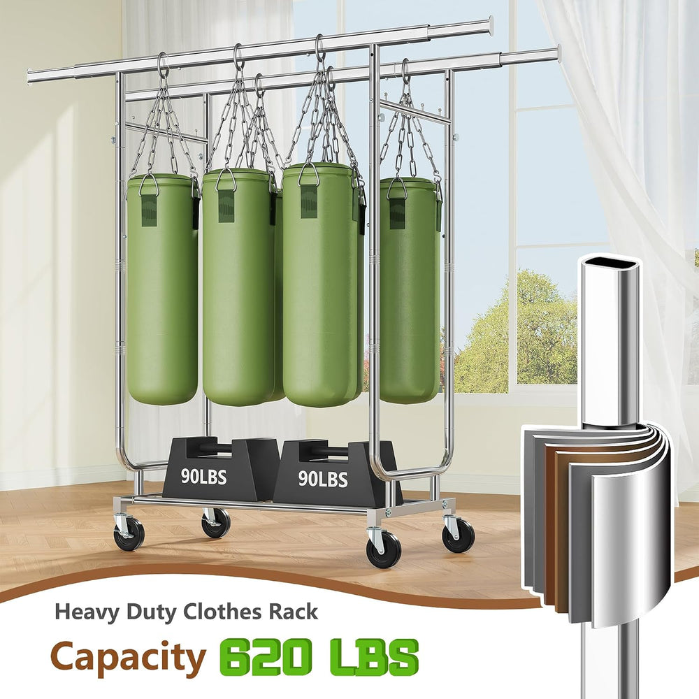 Heavy Duty Rolling Clothes Rack, 620 LBS Load Double Rod Adjustable Garment R...
