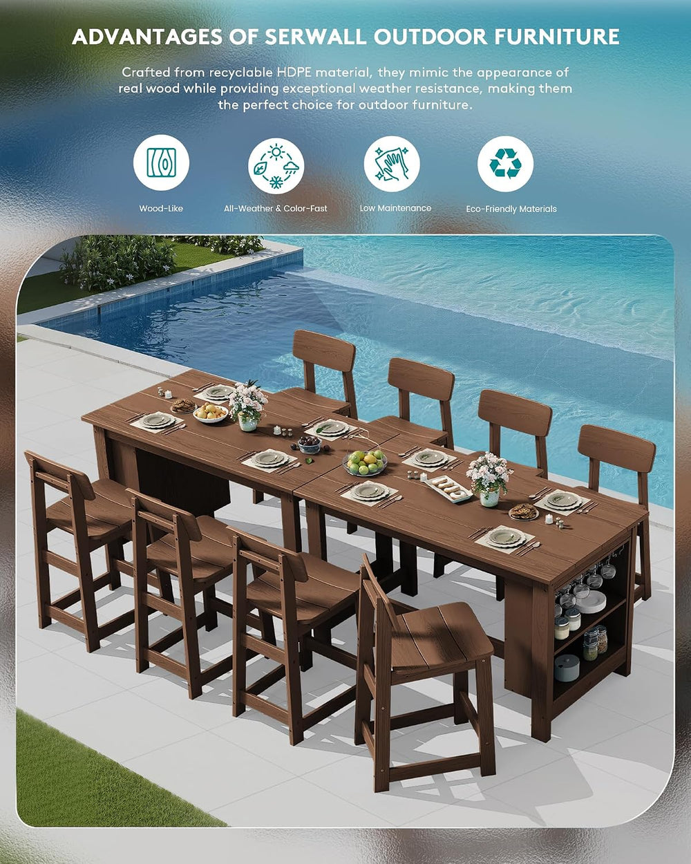 SERWALL Outdoor HDPE Counter-Height Bar Stools Set of 2, Brown