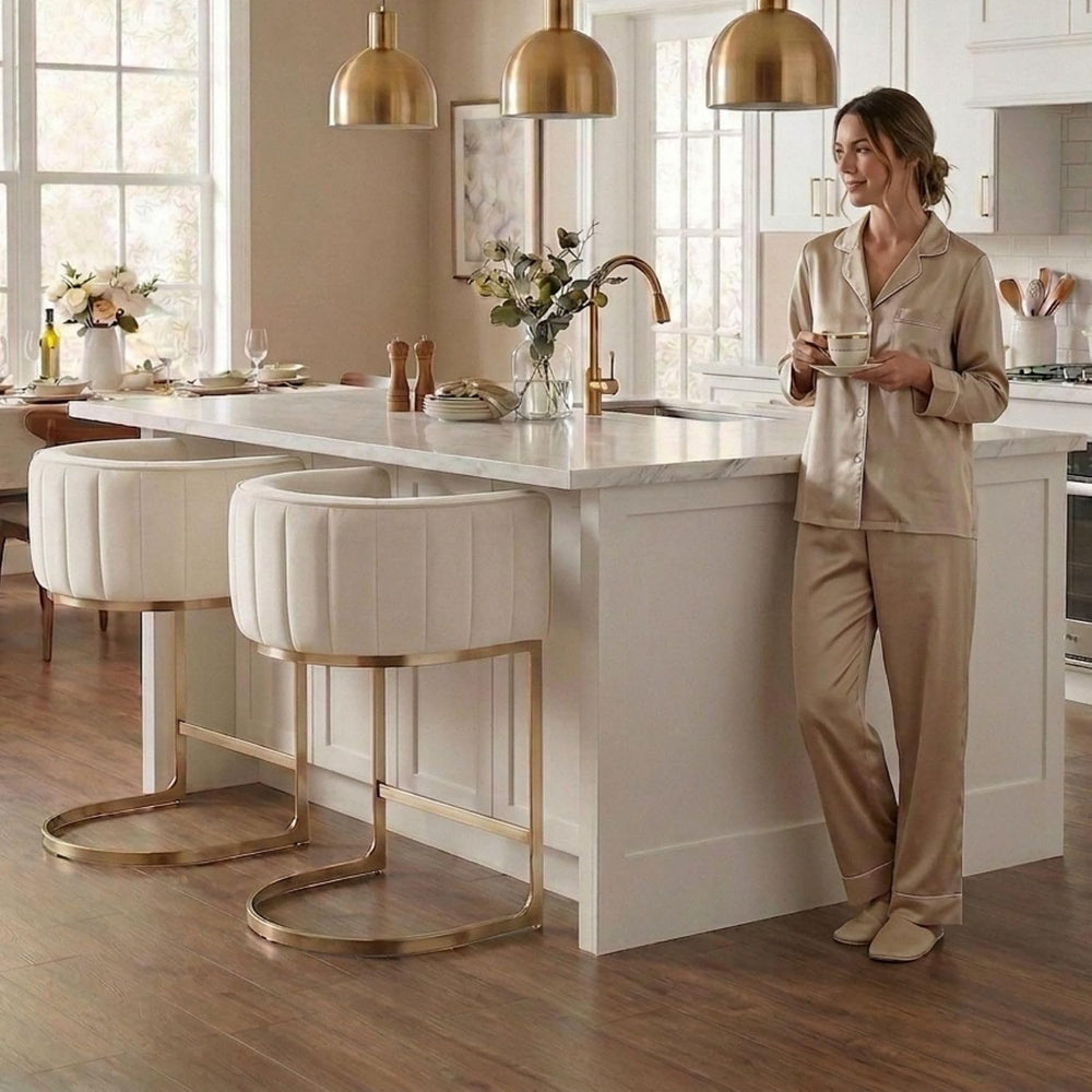 Hyfirm Set of 3 Beige Velvet Counter Height Bar Stools Gold Base