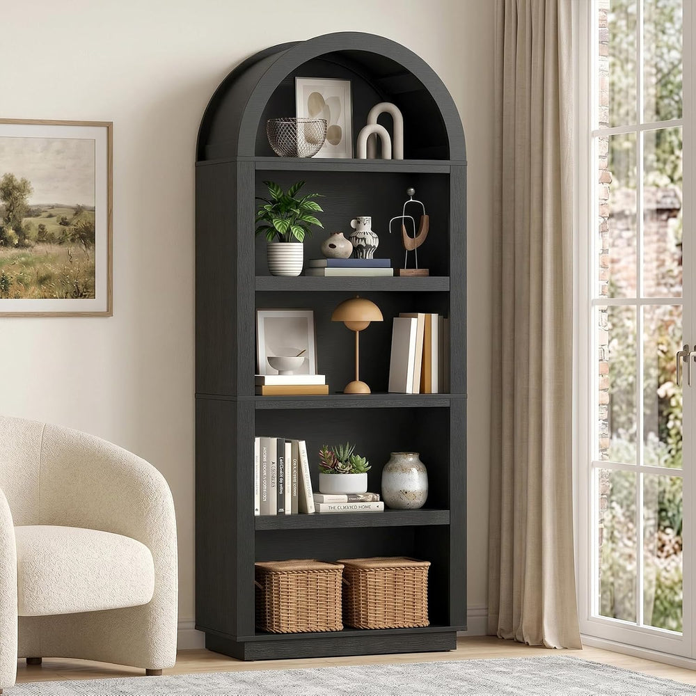 Bestier 76" Tall Arched Bookshelf with Adjustable 2 Book Shelves, Black Oak