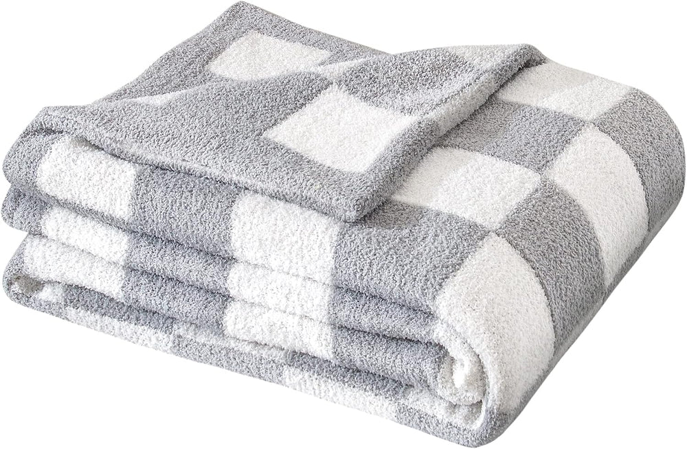 SeaRoomy Fuzzy Checkered Throw Blanket for Couch,Light Grey 51"X63"