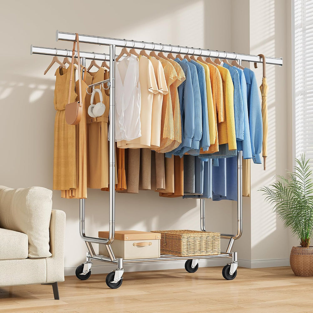 Tajsoon Clothes Rack Double Rod Clothing Rack with Wheels Load 450 LBS