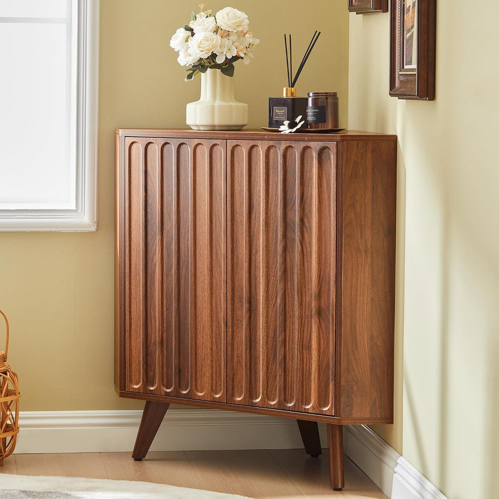 Janmer Home Fluted Corner Storage Cabinet, Small Corner Shelf, Walnut