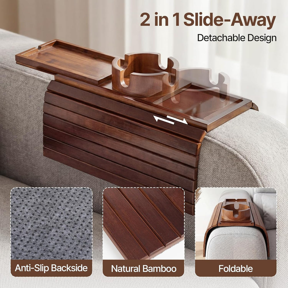 Bamboo Sofa Armrest Tray, Foldable Couch Arm Tray Side Table, 2 in 1 Anti-Fal...