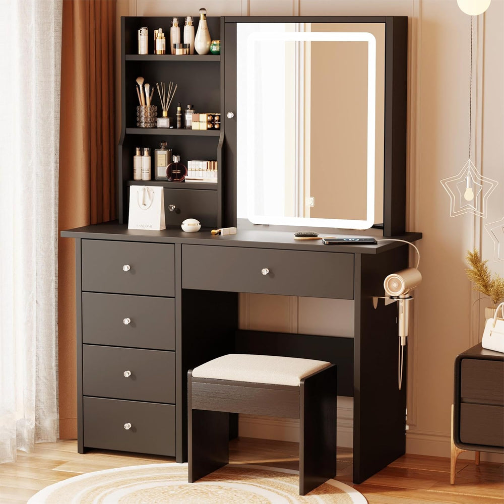 Vanity Desk with Mirror and LED Lights, Makeup Vanity Set with Power Outlet f...
