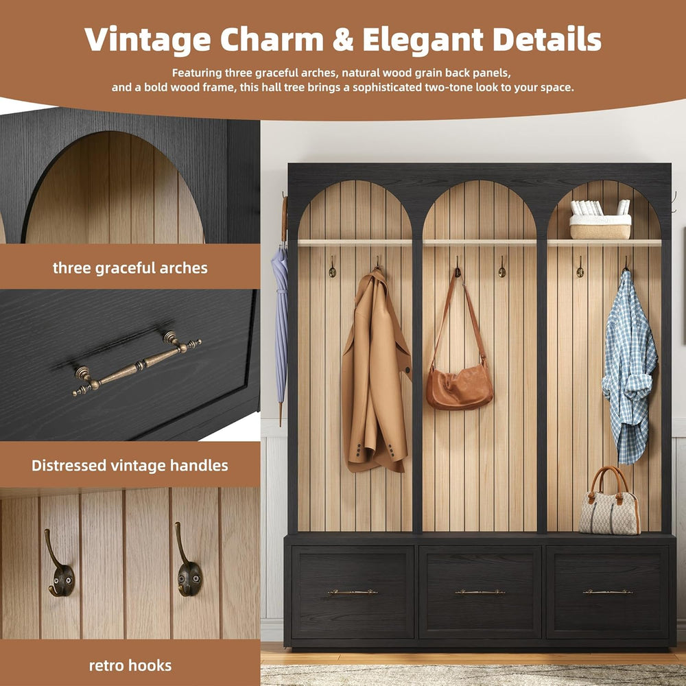 Merax Farmhouse Wood Hall Tree with 8 Hooks and Storage Shoe Bench, Arched Mu...