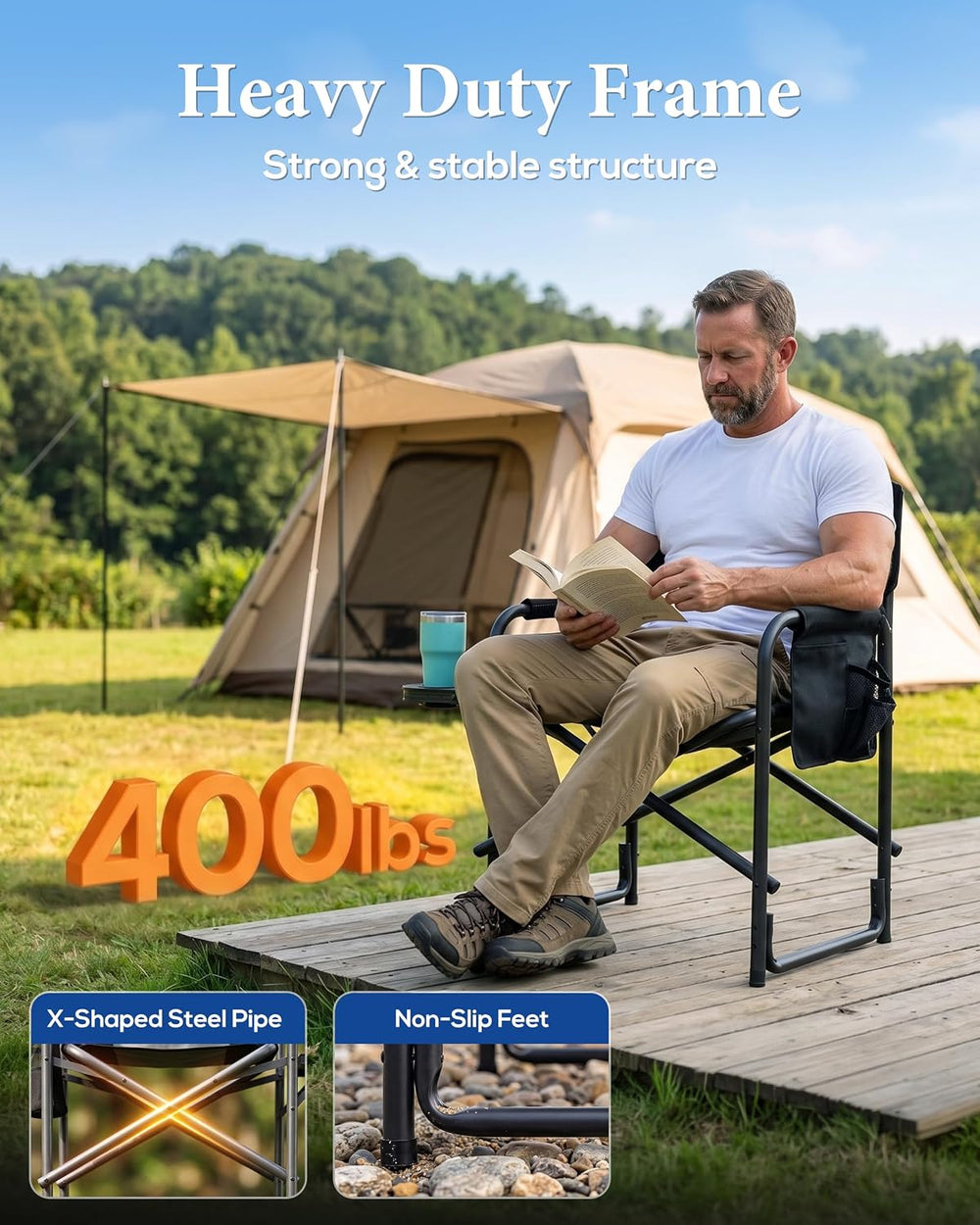 Heavy Duty Oversized Camping Folding Chair, Support 400lbs