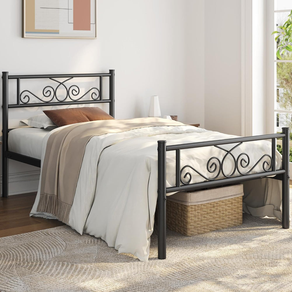 Yaheetech Twin XL Metal Bed Frame with Scroll Headboard and Footboard Black