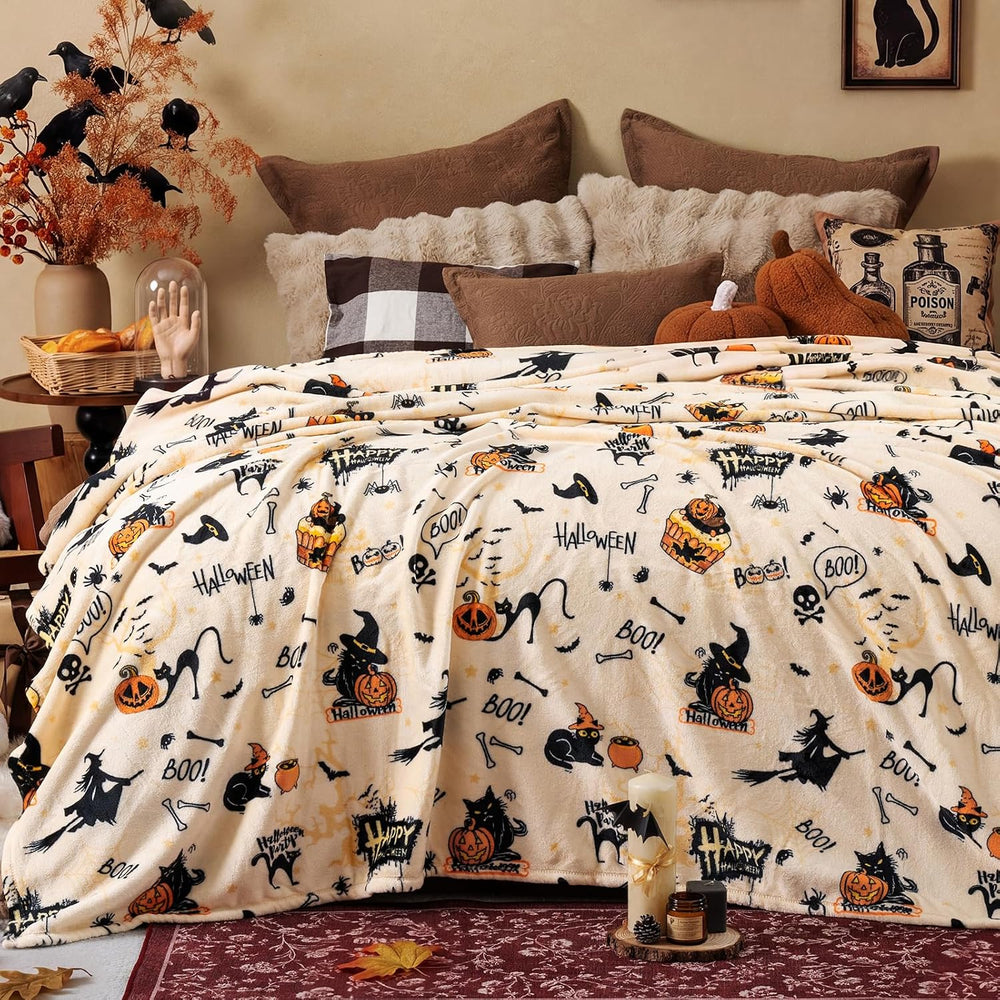 PHF Halloween Fleece Blanket King, 300GSM Plush Cozy Throw, Fall Decor