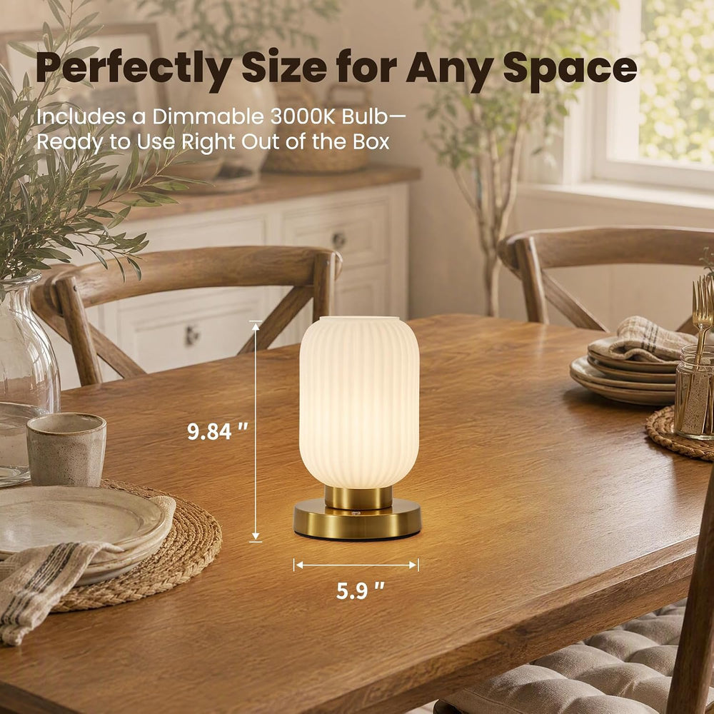 6" MCM Cordless Rechargeable White Glass Table Lamp, Touch Dimmable
