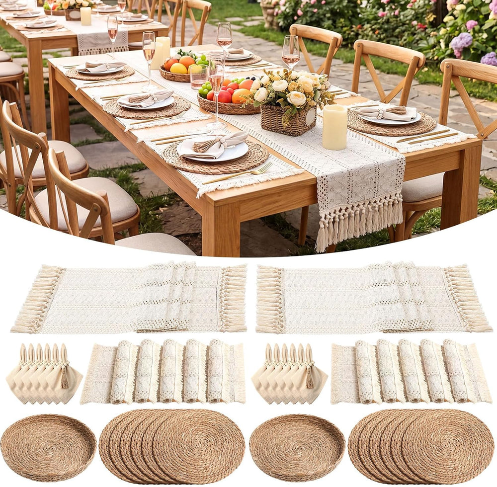 12 Sets Boho Table Runner and Woven Round Placemats Set, White, 12x72