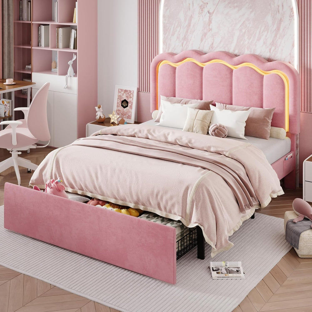 SHA CERLIN Queen Size Bed Frame with LED Lights and Storage Drawer, Pink