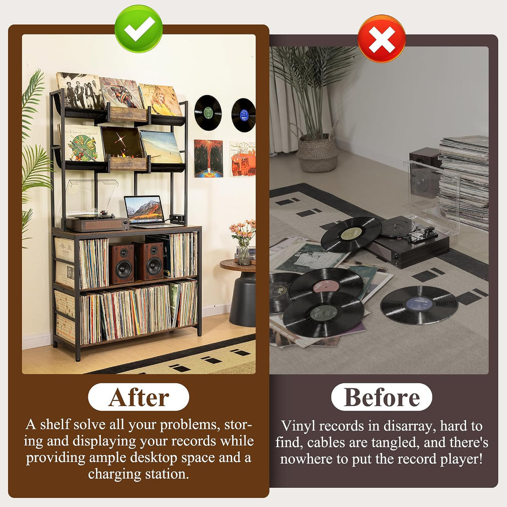 Aquzee Large Record Player Stand, Vinyl Record Stand with Charging Station