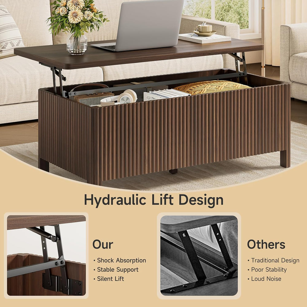 ONBRILL Fluted Lift Top Coffee Table, Mid-Century Modern Coffee Table