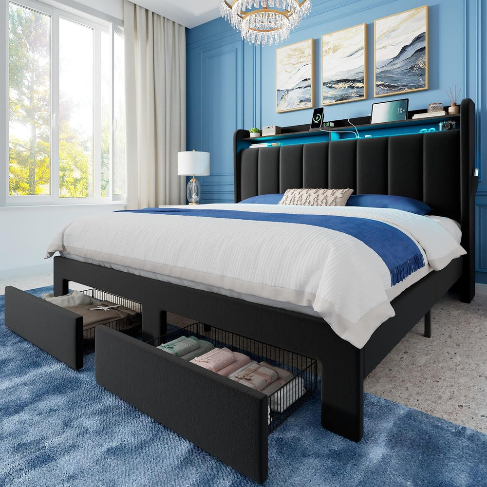 Allewie Full Size Bed Frame with 2-Tier Storage Headboard & 2 Large Drawers