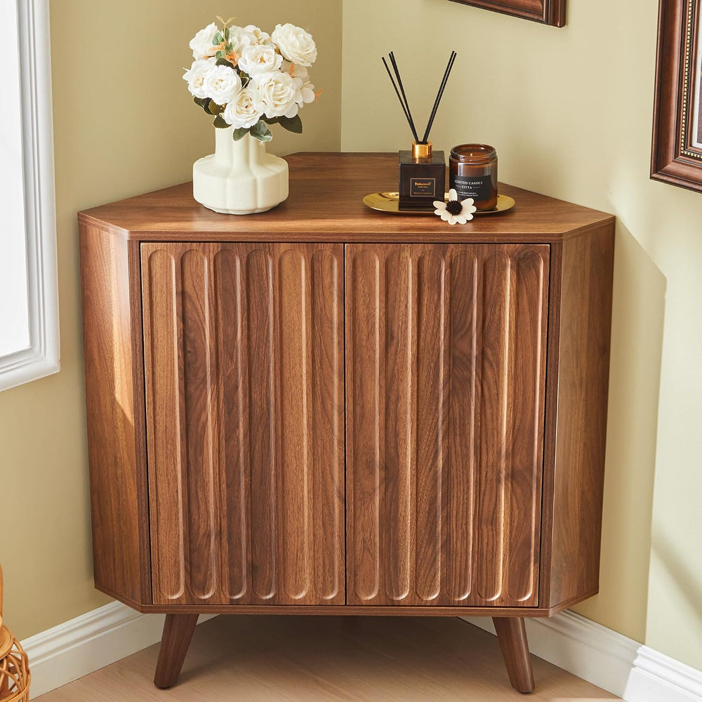 Janmer Home Fluted Corner Storage Cabinet, Small Corner Shelf, Walnut