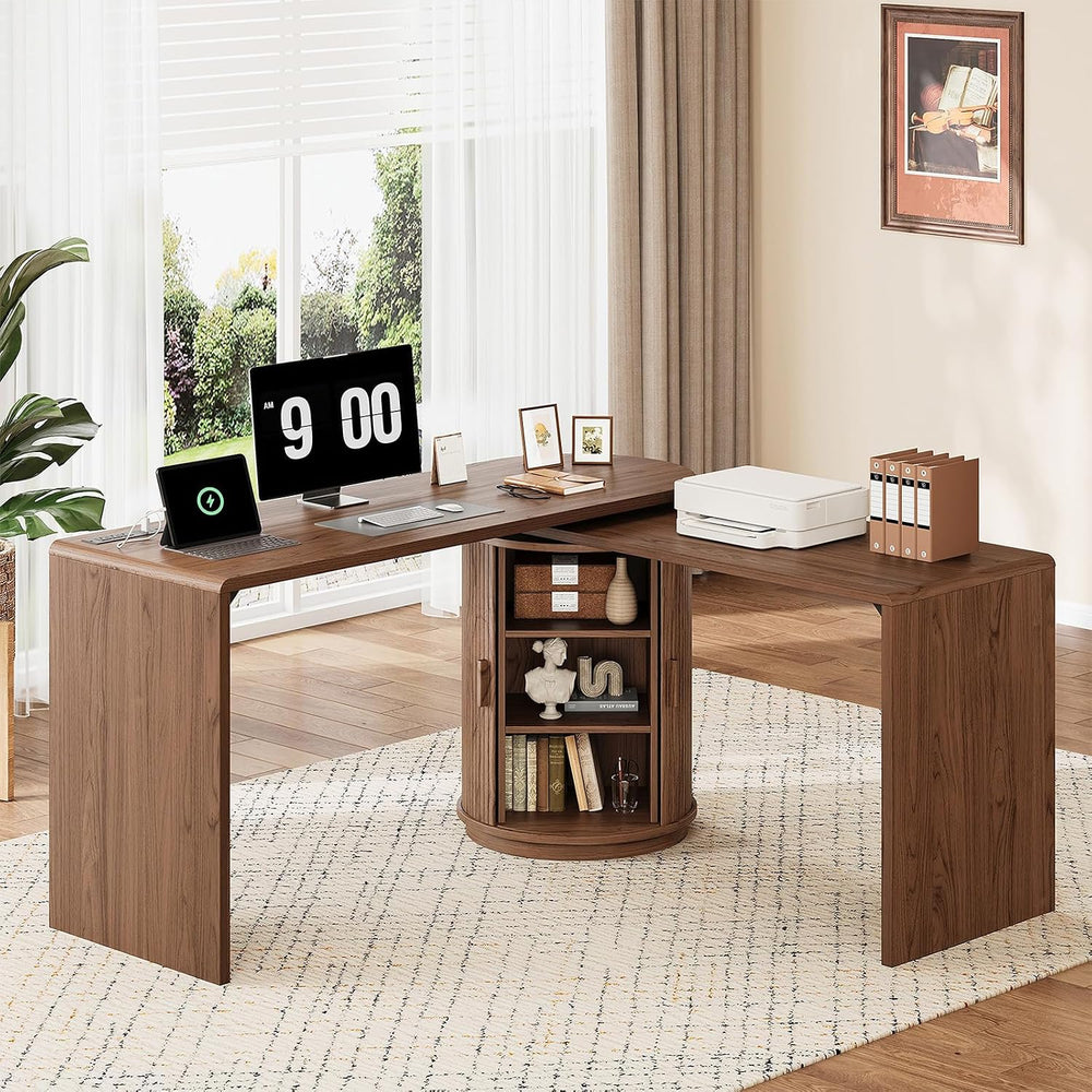 ONBRILL 60 in L Shaped Desks,360° Rotating Swivel Corner Desk,Walnut